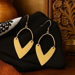 Indian Artisan Antique Gold Brass Dangle Earrings Handcrafted Boho Jewelry